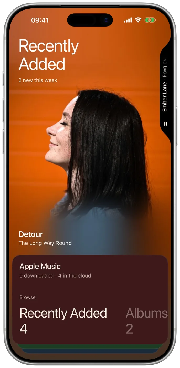 The library's Apple Music card, in Apple Music's red