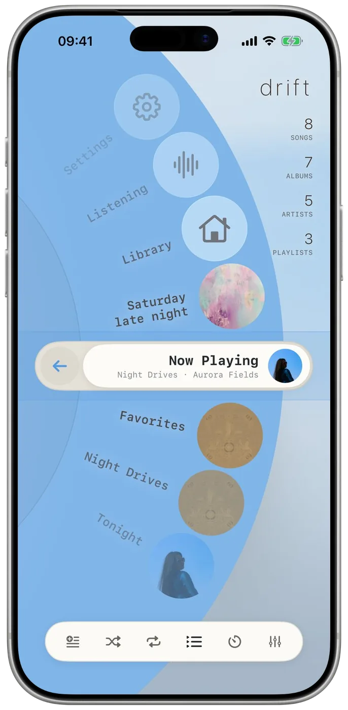The wheel: playlists, the library, listening and settings on one arc